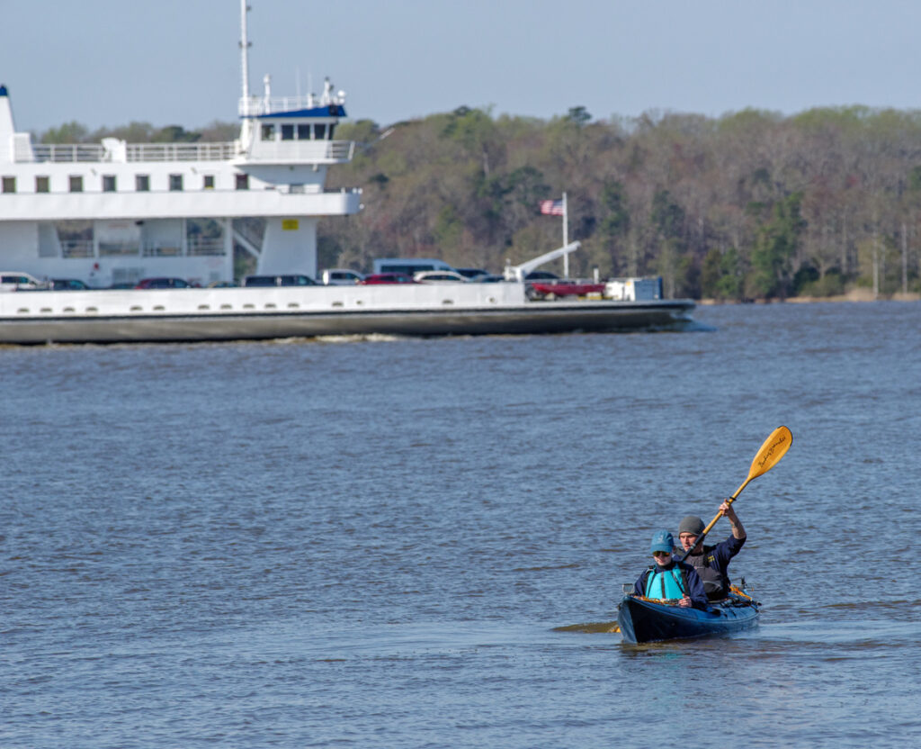 Staff Archaeologists Natalie Reid and Gabriel Brown returning from their GPR survey across the James River. Their attempted piratical takeover of the ferry was repulsed.