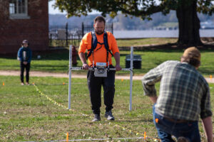 Dr. David Leslie, principal investigator at TerraSearch Geophysical & Heritage Consultants and University of Connecticut Research Associate (center), conducts a magnetometry survey at Jamestown's "Smithfield" with the help of Cole Peterson, Geophysical Specialist at Heritage Consultants (right) and Cassie Aimetti, Intern at Heritage Consultants and undergraduate at the University of Connecticut (left).